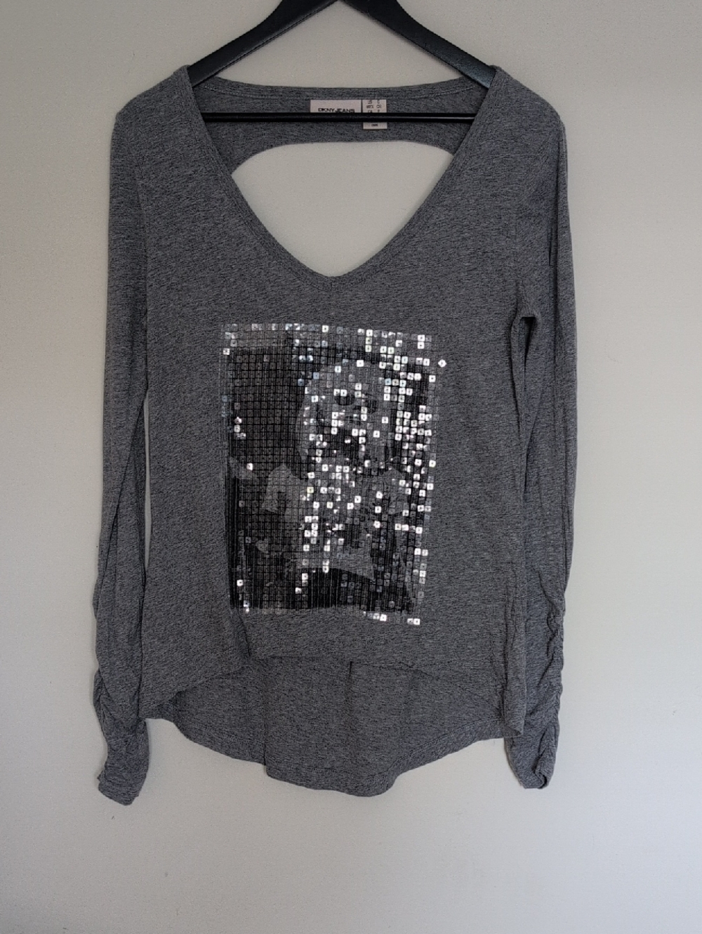 Dkny Silver Sequin V-Neck Long Sleeve Tee